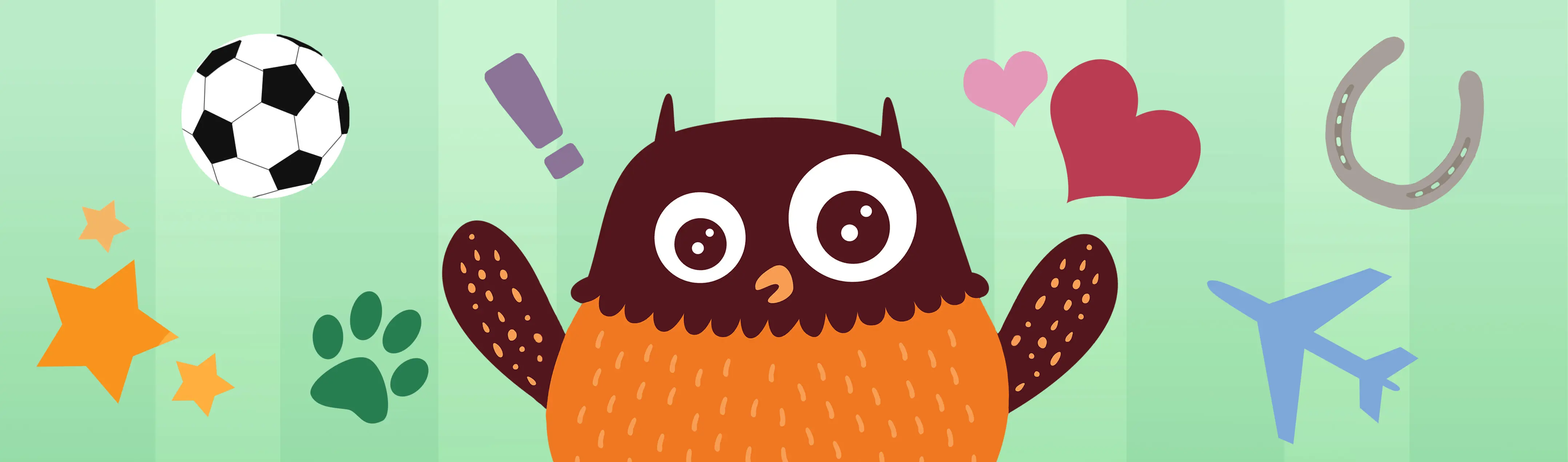 Polarugglan omgiven av olika saker, som en fotboll, en hästsko, hjärtan osv.