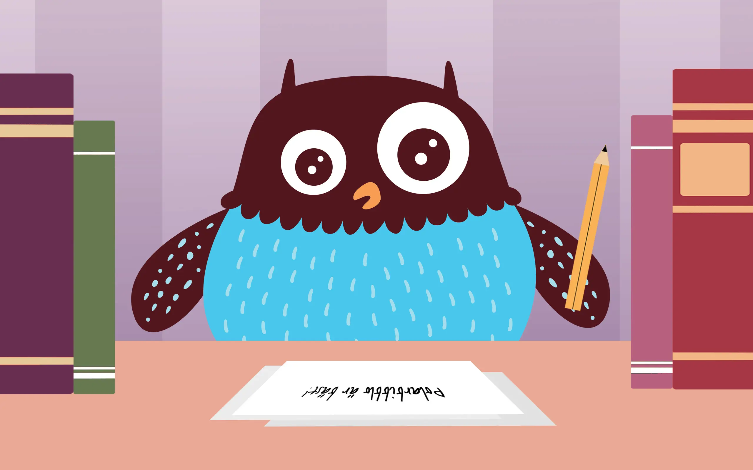 Polarugglan som skriver vid ett bord med böcker på.