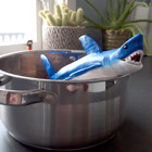 Hajen sitter i en kastrull.